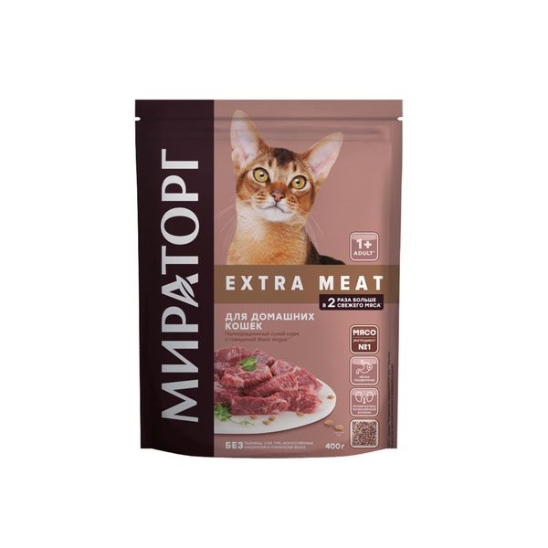 Корм сухой для домашних кошек старше 1г с говядиной Black angus Extra Meat Мираторг 400г СК Короча 2505314 - фото 1