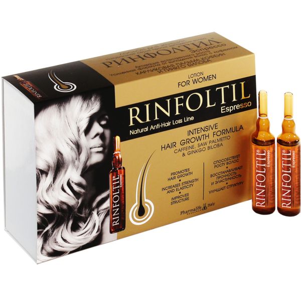 Ринфолтил Эспрессо Усиленная формула от выпадения волос с кофеином для женщин, ампулы, 10 мл, 10 шт.