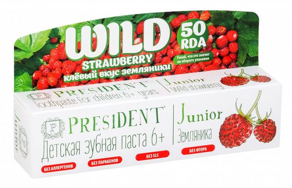 Купить Паста зубная детская President/Президент Junior Wild Strawberry от 6 лет 50г, Betafarma, Италия