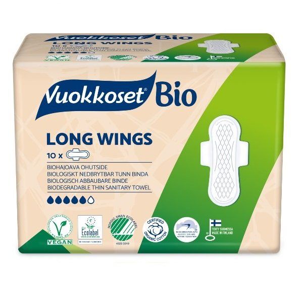 Прокладки гигиенические женские удлиненные с крылышками Long Wings Bio Vuokkoset 10шт Delipap OY 573005 - фото 1