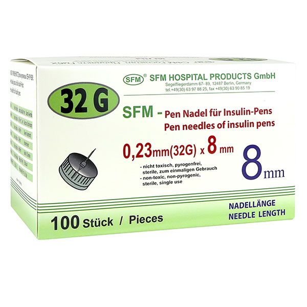 Иглы для инсулиновых инжекторов (ПЕН ручек) 0,23х8мм (32G) SFM Hospital/СФМ Госпиталь 100шт SFM Hospital Products GmbH