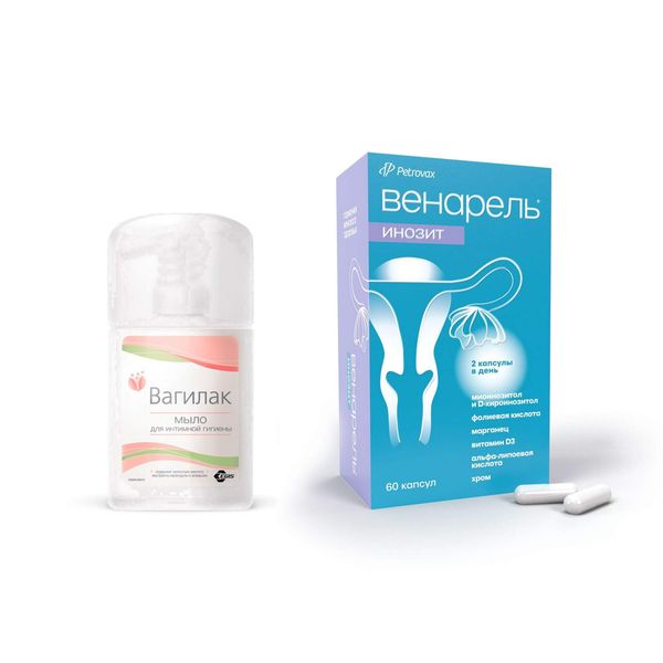 1X Мыло Вагилак жидкое для интимной гигиены 250 мл 1X Инозит Венарель капсулы 759мг 60шт 2435₽