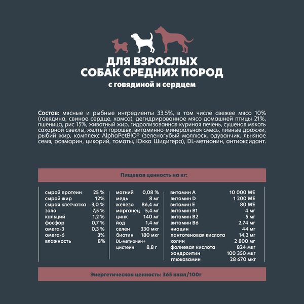 Корм сухой для собак средних пород с говядиной и сердцем WOW Superpremium AlphaPet 2кг фото №4