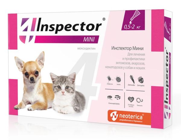 Капли на холку для кошек и собак 0,5-2кг Inspector mini 0,4мл сексконтроль спот он капли на холку для кошек 3 мл