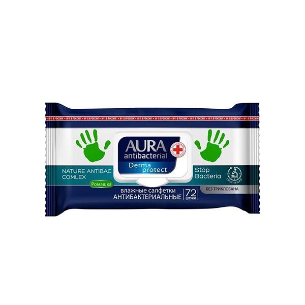 Салфетки влажные антибактериальные ромашка с крышкой Derma Protect Aura/Аура 72шт