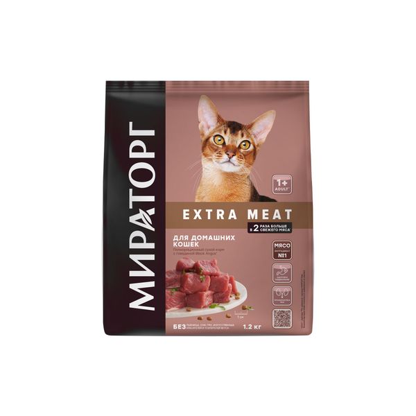 Корм сухой для домашних кошек старше 1г с говядиной Black angus Extra Meat Мираторг 1,2кг СК Короча
