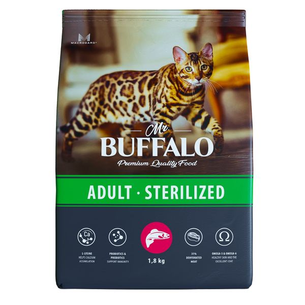 Корм сухой для кошек лосось Sterilized Mr.Buffalo 1,8кг сухой корм для кошек sirius для стерилизованных с уткой и клюквой 0 4 кг