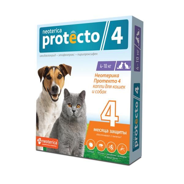 Капли на холку для кошек и собак 4-10 кг Neoterica Protecto пипетка 2 шт капли для собак 10 20кг инсектал пипетка 1 5мл 1шт