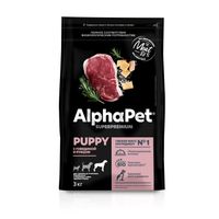 Корм сухой для щенков до 6 месяцев и беременных собак крупных пород с говядиной и рубцом Superpremium AlphaPet 3кг