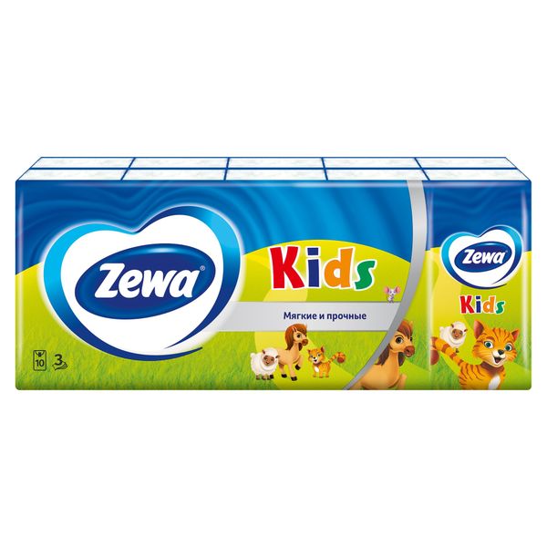 Платочки Zewa (Зева) бумажные Kids 10 шт. 10 упак. платочки zewa делюкс ромашка трехслойные 10 шт х 10 пачек