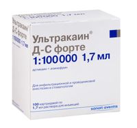 Ультракаин Д-С Форте с эпинефрином раствор для инъекций картридж 40мг+0,01мг/мл 1,7мл 100шт, миниатюра фото №3