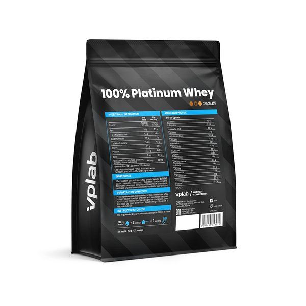 Протеин сывороточный 100% шоколад Platinum Whey Vplab 750г фото №2