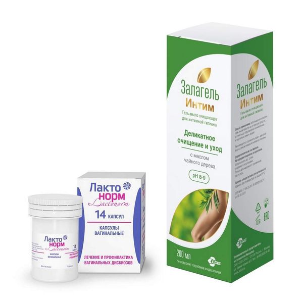1X Гель-мыло для интимной гигиены Залагель интим 200мл + 1X Лактонорм капсулы вагинальные 14шт