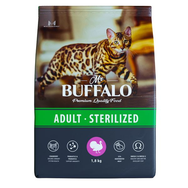 Корм сухой для кошек индейка Sterilized Mr.Buffalo 1,8кг сухой корм для кошек родные корма для взрослых стерилизованных индейка и клюква 10 кг