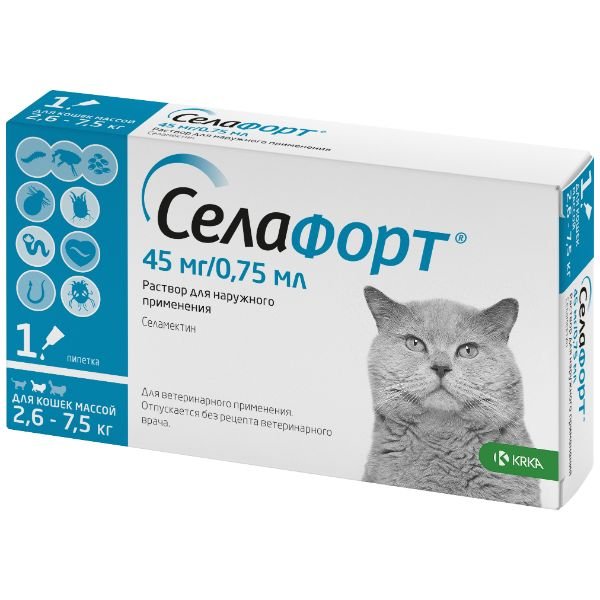 Селафорт капли на холку для кошек весом от 2,6 до 7,5кг 0,75мл купить в  Москве, честные отзывы покупателей