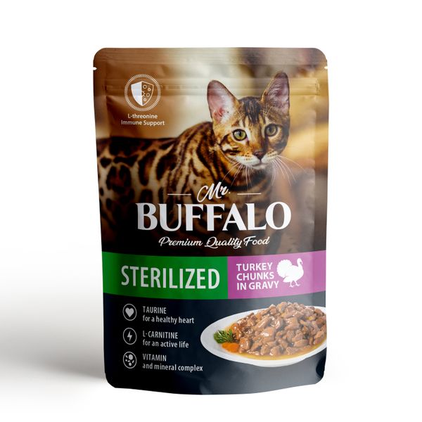 Пауч для кошек индейка в соусе Sterilized Mr.Buffalo 85г корм сухой для кошек лосось sterilized mr buffalo 400г