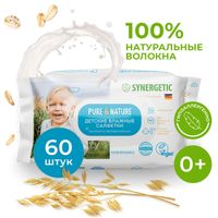 Салфетки влажные детские 0+ пантенол и овсяное молочко гипоаллергенные Pure&Nature Synergetic 60шт миниатюра