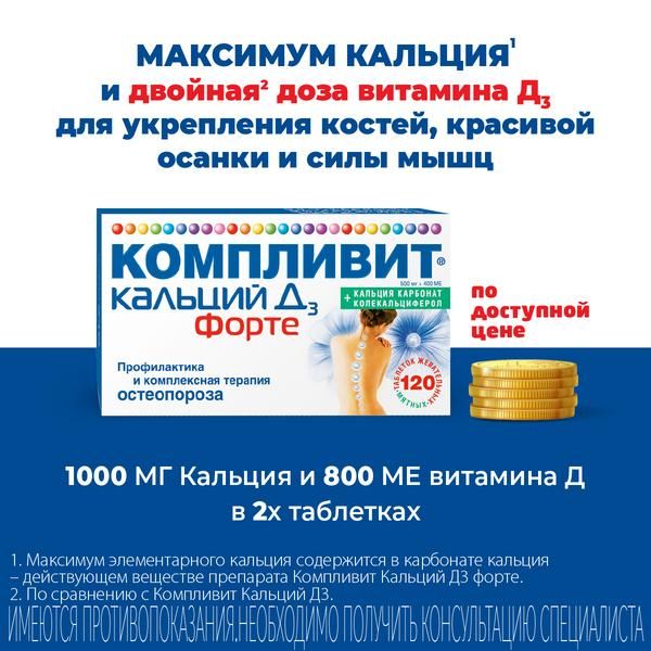 Компливит Кальций Д3 Форте вкус мятный таблетки жевательные 500мг+400МЕ 100шт фото №3