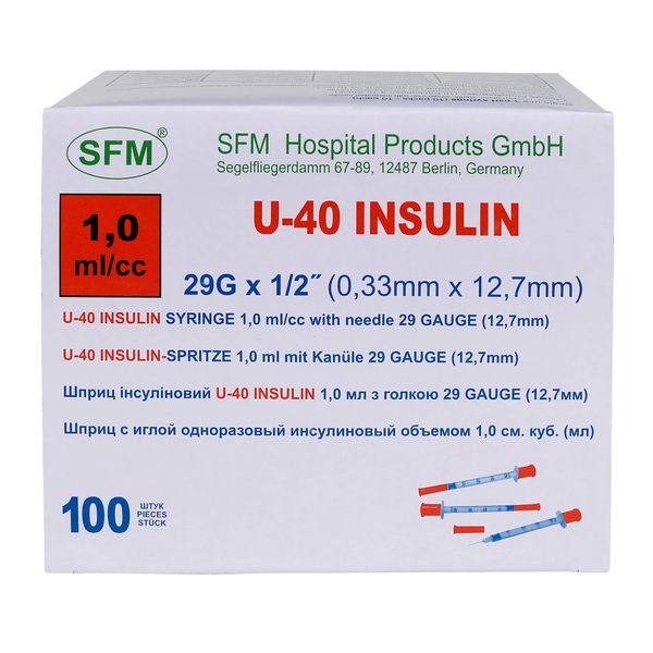 Купить Шприц инсулиновый 3-х компонентный с иглой 29G U-40 SFM 0, 33х12, 7мм 1мл 10шт, SFM Hospital Products GmbH, Германия