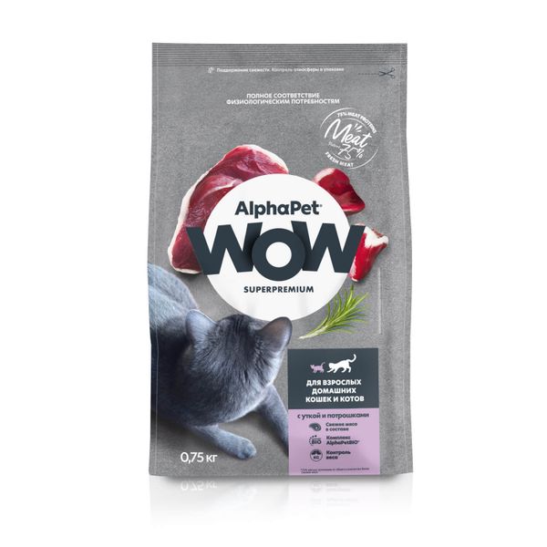 Корм сухой для домашних кошек и котов с уткой и потрошками WOW Superpremium AlphaPet 750г фото №2