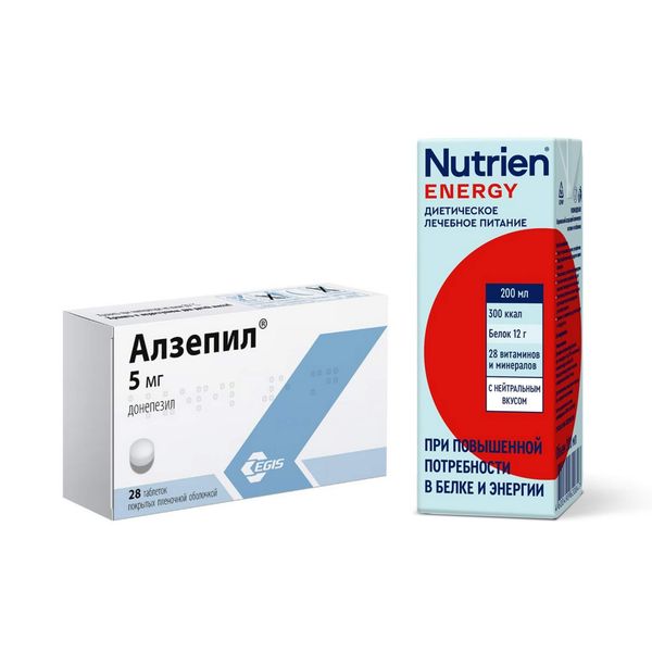 1X Алзепил таб. п/о плён. 5мг №28 + 1X НУТРИЭН Энергия стерилизованный для диетического (лечебного) питания с нейтральным вкусом 200мл