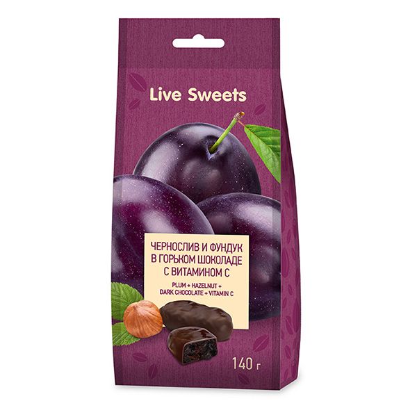 Конфеты глазированные чернослив и фундук в горьком шоколаде с витамином С Live Sweets 140г ООО Конфаэль Коллекция 1617556 - фото 1