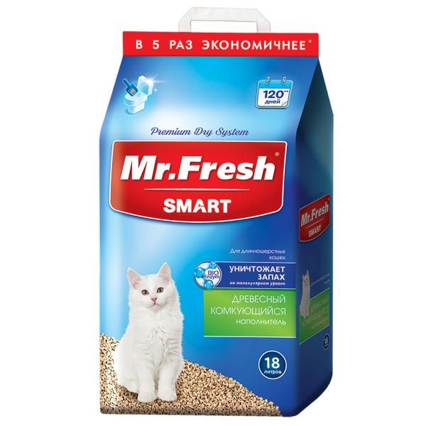 Наполнитель комкующийся древесный для длинношерстных кошек Mr.Fresh Smart 18 л mr fresh smart древесный комкующийся наполнитель для короткошерстных кошек 2 1 кг