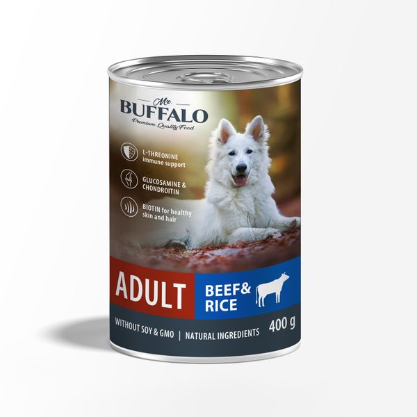 Консервы для собак говядина с рисом Adult Mr.Buffalo 400г консервы для собак говядина и печень adult mr buffalo 400г