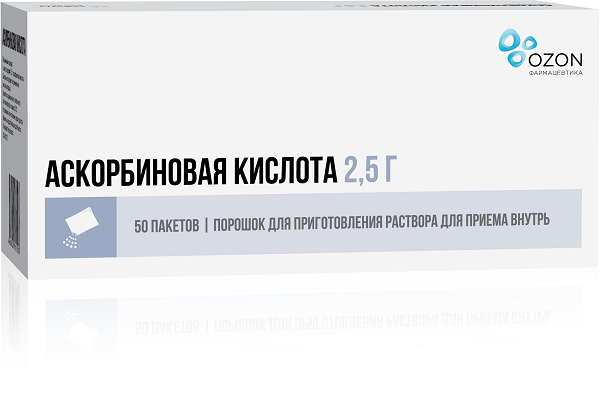 Аскорбиновая кислота пор. д/приг. р-ра д/внутр. прим. 2,5г 50шт Озон ООО 1602718 Аскорбиновая кислота пор. д/приг. р-ра д/внутр. прим. 2,5г 50шт - фото 1