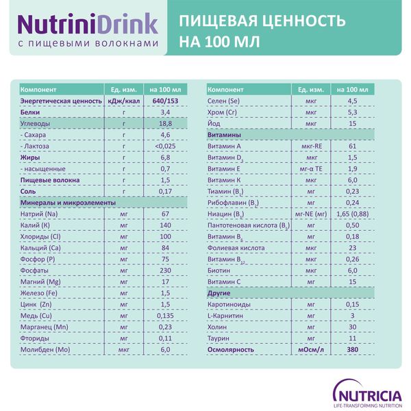 Смесь жидкая для энтерального питания с пищевыми волокнами вкус нейтральный детей от 1 года NutriniDrink/НутриниДринк пак. 200мл фото №6