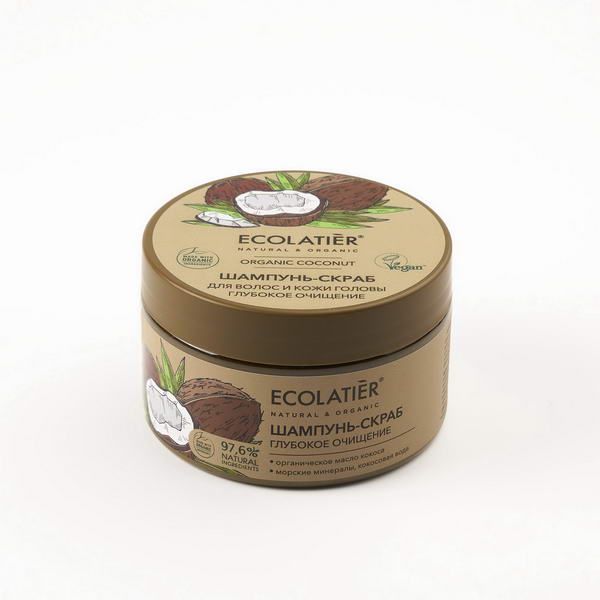 Шампунь-скраб для волос и кожи головы Глубокое Очищение Серия Organic Coconut, Ecolatier Green 300 г