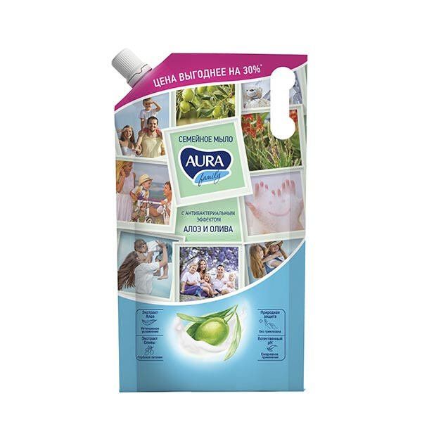 Жидкое мыло с антибактериальным эффектом Олива и сок Алоэ дой-пак Family Aura/Аура 1000мл