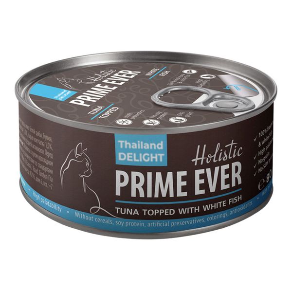 Корм влажный для кошек тунец с белой рыбой в желе Prime Ever 2B жестяная банка 80г prime asia влажный корм для котят тунец с алоэ в желе 85 гр