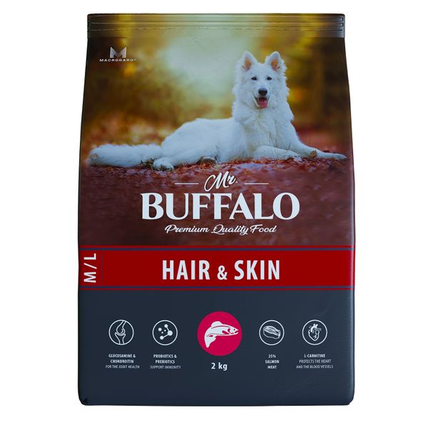 Корм сухой для собак средних и крупных пород лосось Hair&Skin Care Mr.Buffalo 2кг антигельминтик празител плюс суспензия для собак средних и крупных пород 10 мл