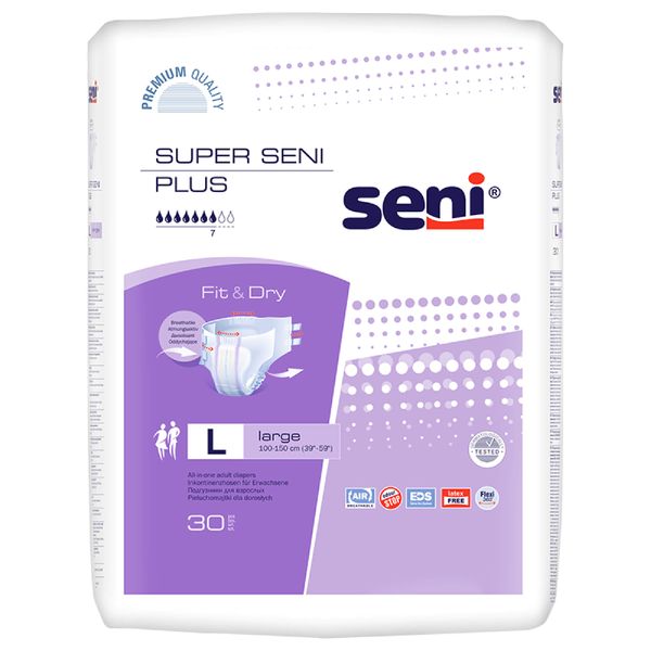 Подгузники Super Seni Plus (Супер Сени Плюс) large р.3 100-150 см. 2700 мл 30 шт. сени подгузники д взр супер эйр р l 30 75 110см 1700мл