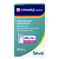 Сумамед Форте малиновый с мерной ложкой и шприцем порошок для приг. суспензии для приема вн. фл. 200мг/5мл 35,573г 37,5мл, миниатюра фото №12