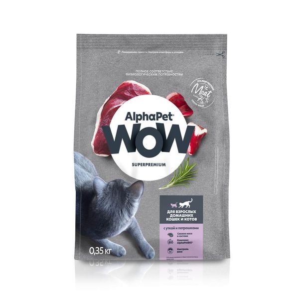 Корм сухой для домашних кошек и котов с уткой и потрошками WOW Superpremium AlphaPet 350г фото №2