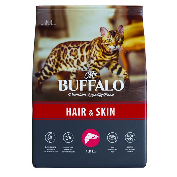 Корм сухой для кошек лосось Adult Hair&Skin Mr.Buffalo 1,8кг сухой корм для кошек royal canin neutered satiety balance для стерилизованных 8 кг