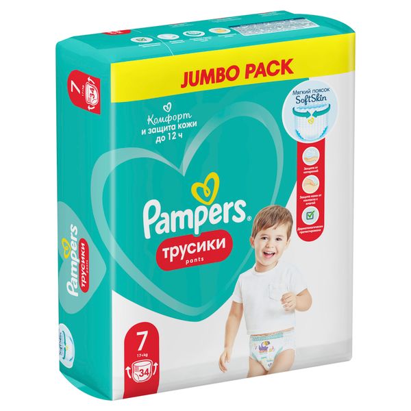 Подгузники-трусики детские одноразовые для мальчиков и девочек Pants Pampers/Памперс 17+кг 34шт