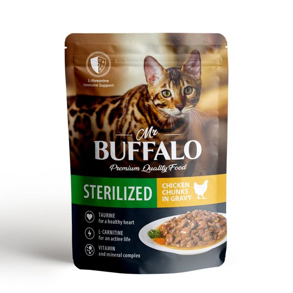 Пауч для кошек цыпленок в соусе Sterilized Mr.Buffalo 85г корм сухой для кошек индейка sterilized mr buffalo 1 8кг