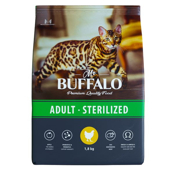 Корм сухой для кошек курица Sterilized Mr.Buffalo 1,8кг корм сухой для кошек курица sterilized mr buffalo 1 8кг