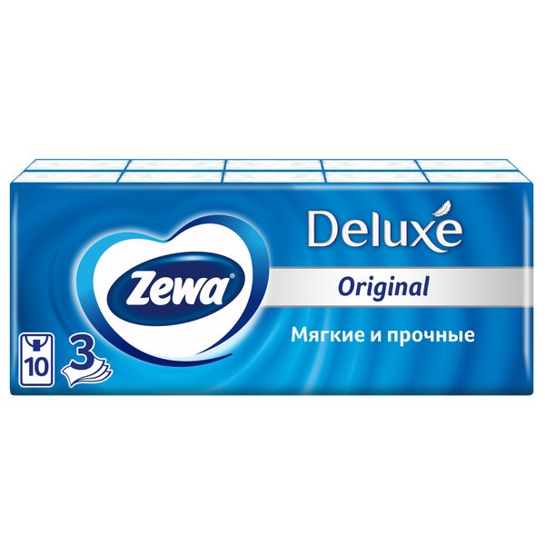 Платочки Zewa (Зева) бумажные Deluxe 10 шт. 10 упак. платочки бумажные носовые zewa deluxe design 3 слоя 10шт х 10