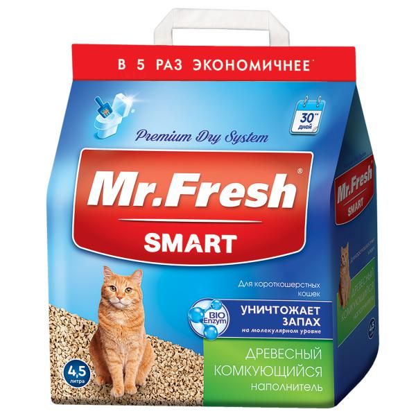 Наполнитель комкующийся древесный для короткошерстных кошек Mr.Fresh Smart 4,5 л наполнитель для лотка древесный 6 л 2 кг котоffей