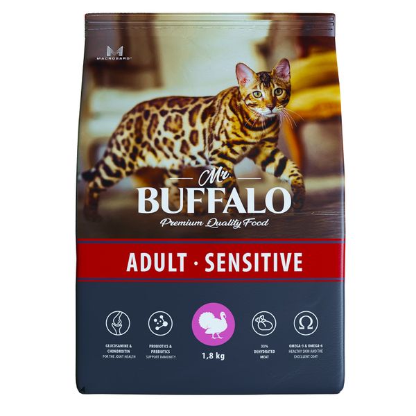 Корм сухой для кошек индейка Adult Sensitive Mr.Buffalo 1,8кг сухой корм для кошек grandorf probiotic sterilised 2 кг