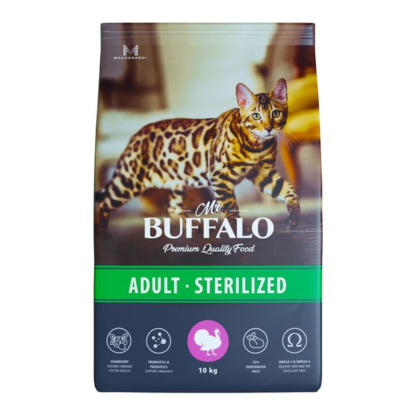 Корм сухой для кошек индейка Sterilized Mr.Buffalo 10кг сухой корм pro plan для котят с чувствительным пищеварением или с особыми предпочтениями в еде с высоким содержанием индейки пакет 1 5 кг