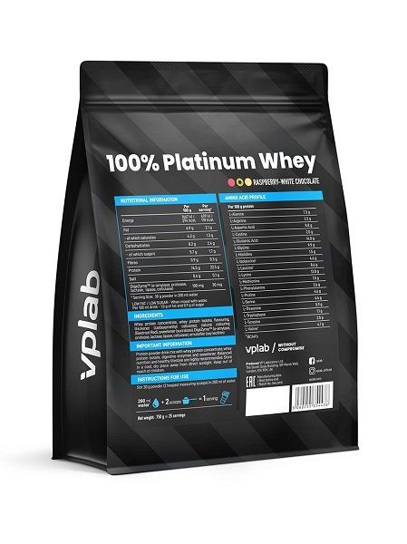 Протеин сывороточный 100% малина-белый шоколад Platinum Whey Vplab 750г фото №2