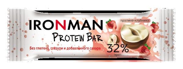 Батончик протеиновый 32% пралине с клубникой без глазури Protein Bar Ironman 50г 12шт
