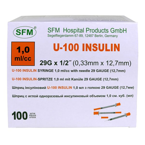 Купить Шприц инсулиновый 3-х компонентный с иглой 29G U-100 SFM 0, 33х12, 7мм 1мл 10шт, SFM Hospital Products GmbH, Германия