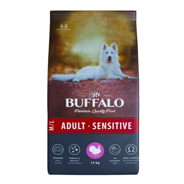 Корм сухой для собак средних и крупных пород индейка Adult M/L Sensitive Mr.Buffalo 14кг mr buffalo sensitive сухой корм для кошек индейка 1 8 кг