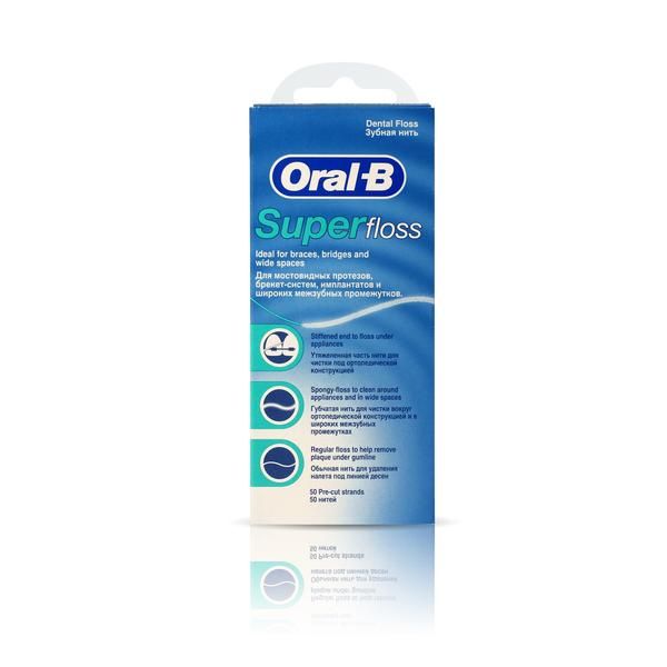 Нить зубная для чистки между брекетами и мостовидными протезами Super Floss Oral-B/Орал-би нити 50шт oleos зубная нить объемная 50 м 50